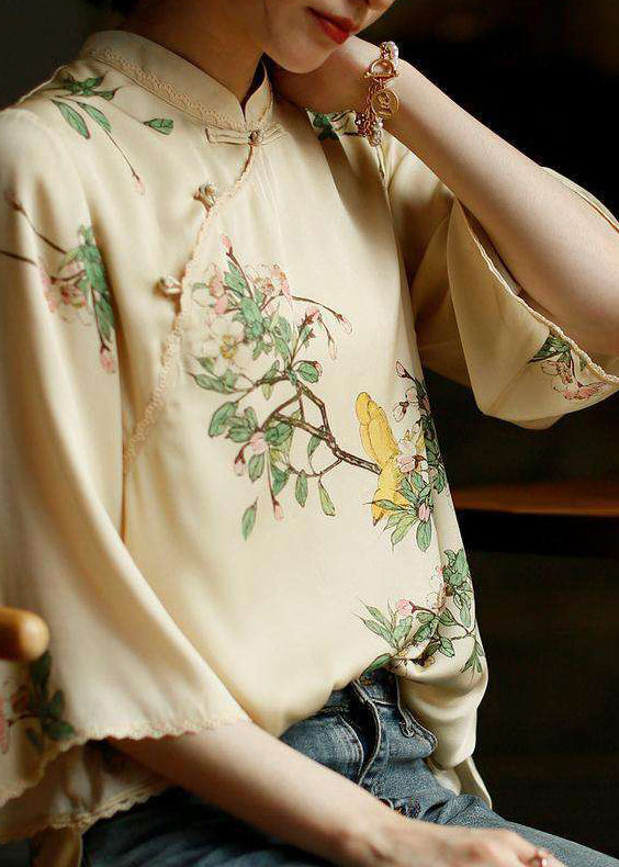 Vintage Beige Mandarin Collar Side Open Print Silk Top