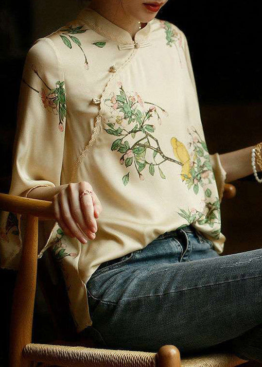 Vintage Beige Mandarin Collar Side Open Print Silk Top