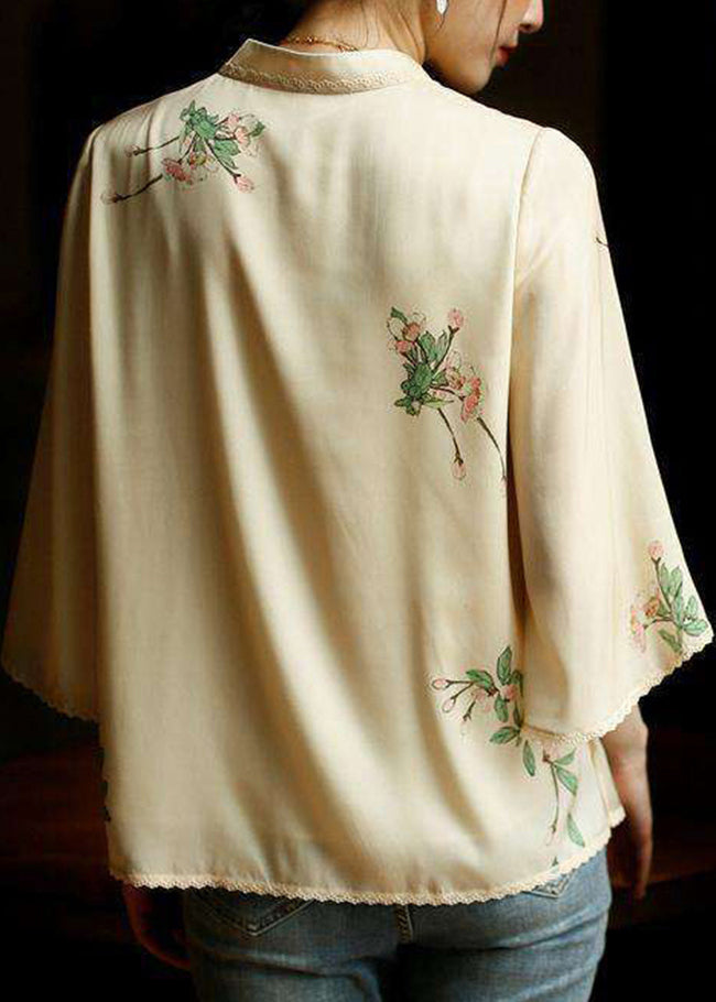 Vintage Beige Mandarin Collar Side Open Print Silk Top