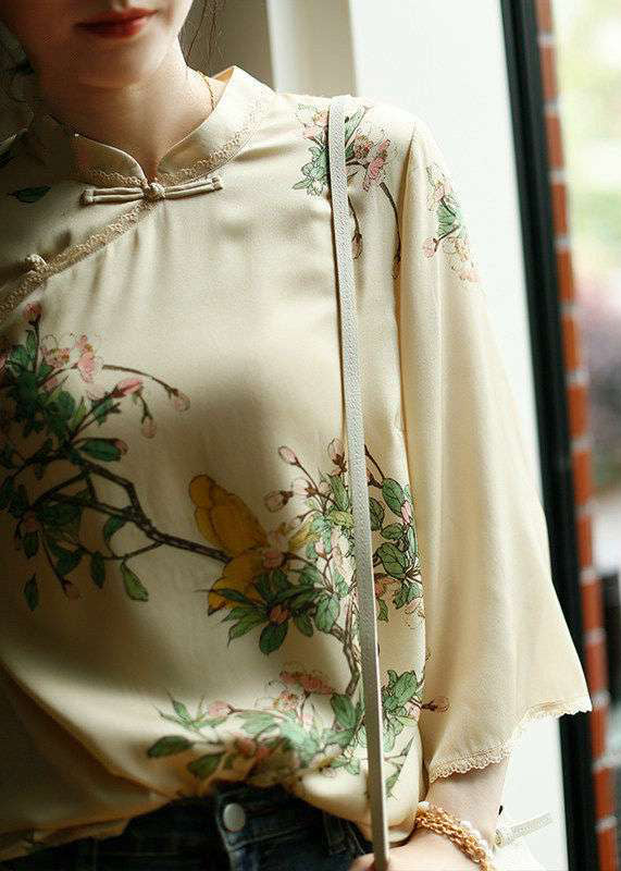 Vintage Beige Mandarin Collar Side Open Print Silk Top