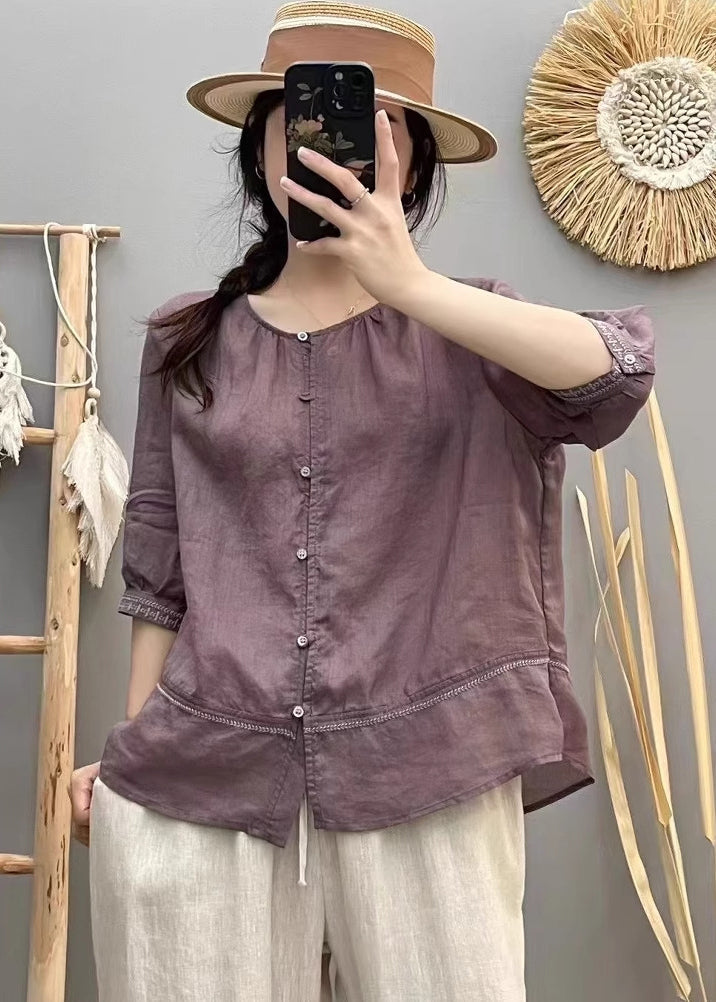 Vintage Beige O-Neck Patchwork Cotton Shirt Top Summer