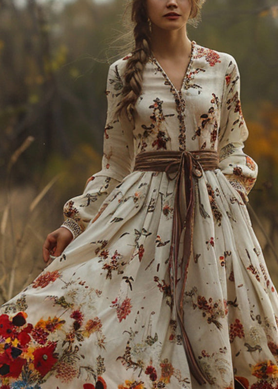 Vintage Beige Print Exra Large Hem Long Dress Spring
