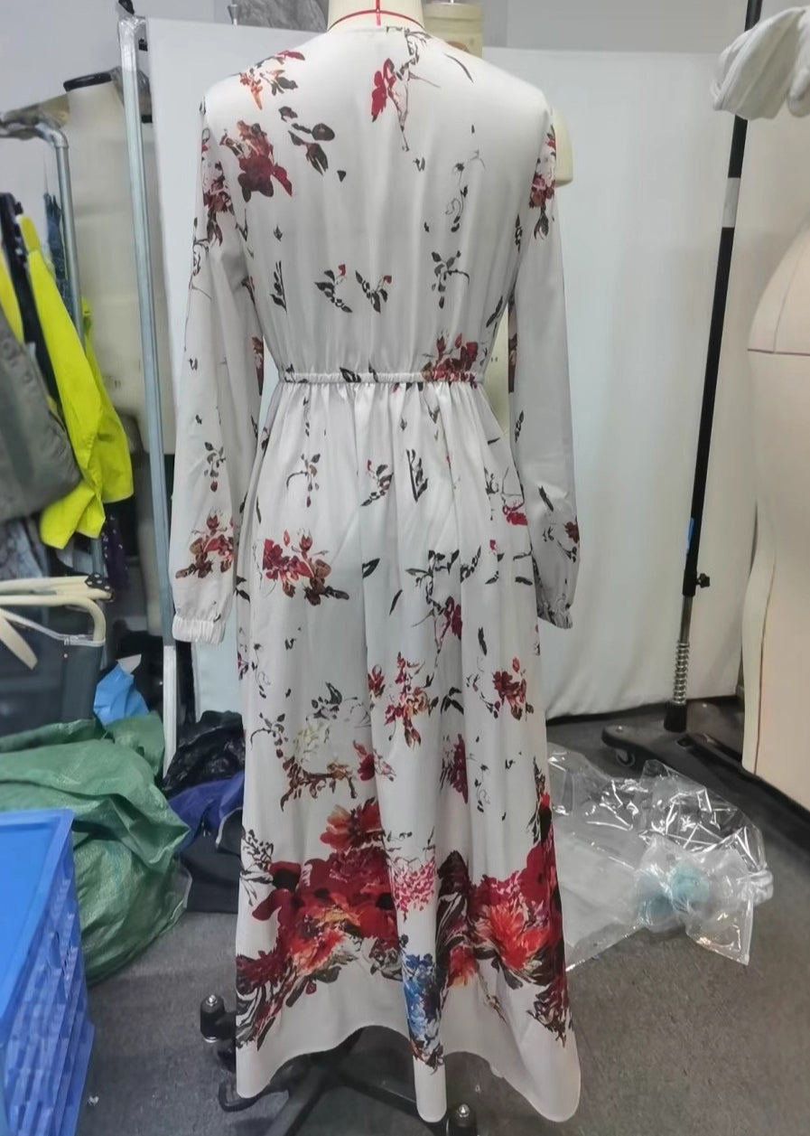 Vintage Beige Print Exra Large Hem Long Dress Spring
