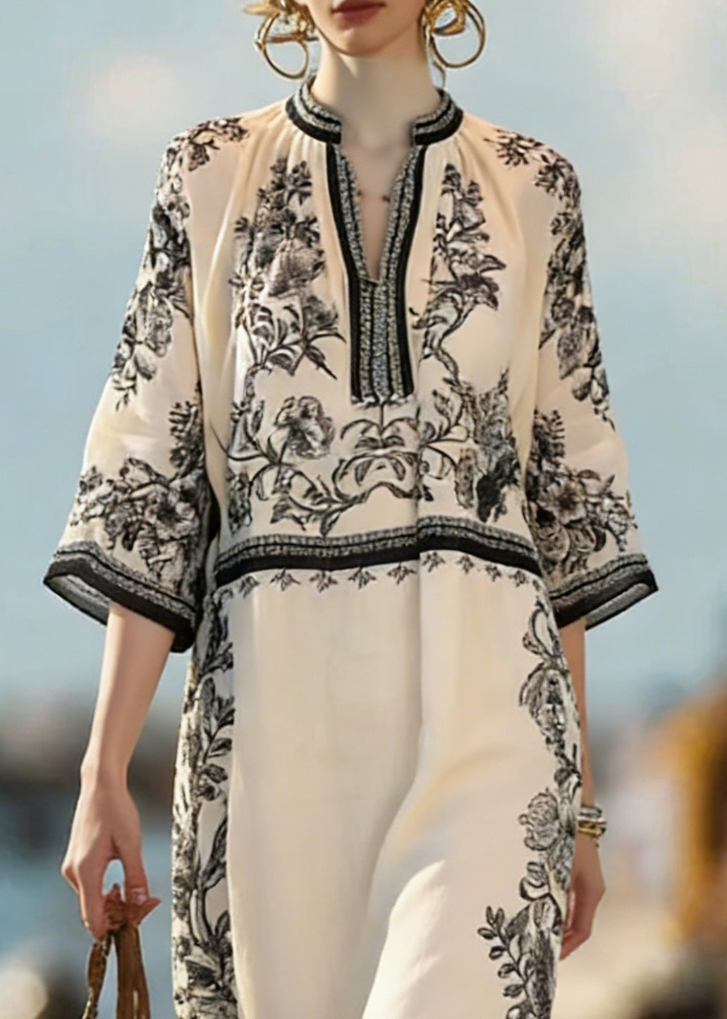 Vintage Beige Print Side Open Linen Dress Bracelet Sleeve - Omychic