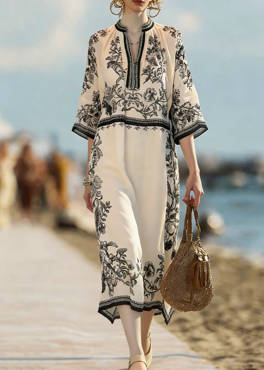 Vintage Beige Print Side Open Linen Dress Bracelet Sleeve - Omychic