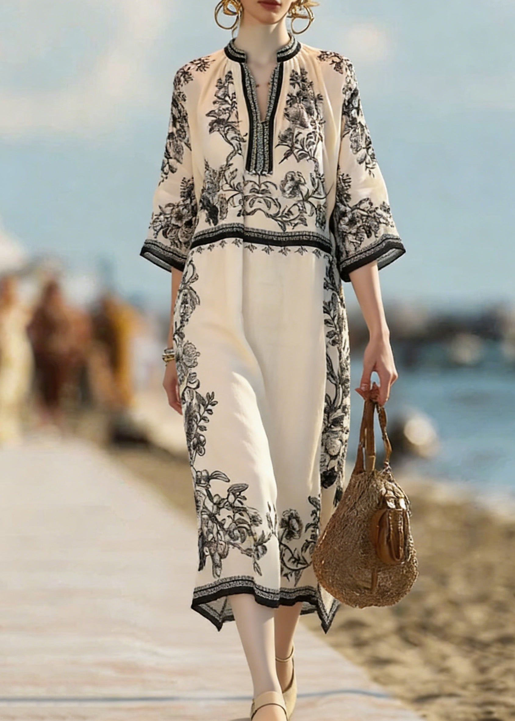 Vintage Beige Print Side Open Linen Dress Bracelet Sleeve - Omychic