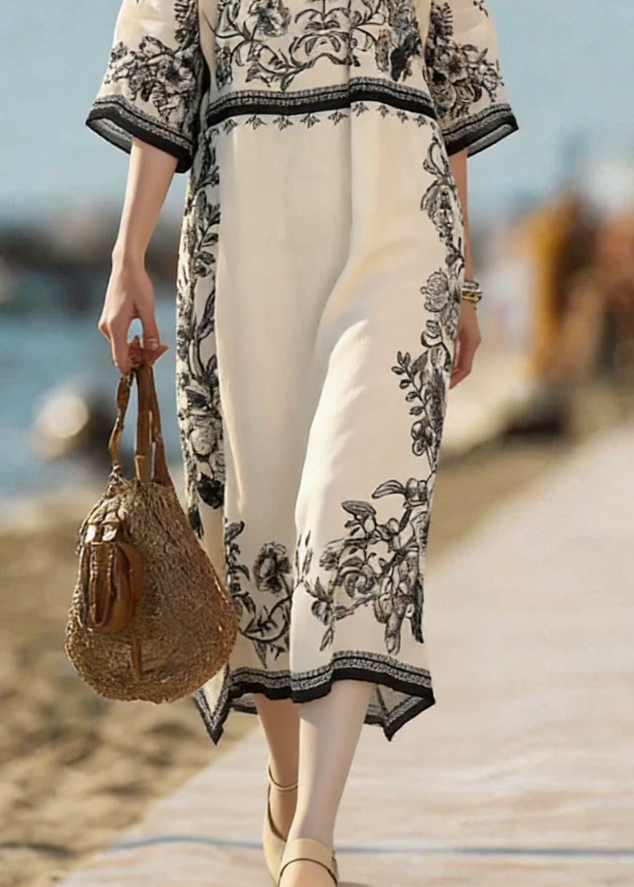 Vintage Beige Print Side Open Linen Dress Bracelet Sleeve - Omychic