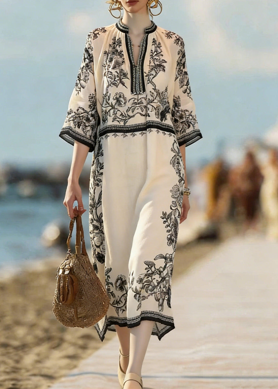 Vintage Beige Print Side Open Linen Dress Bracelet Sleeve - Omychic