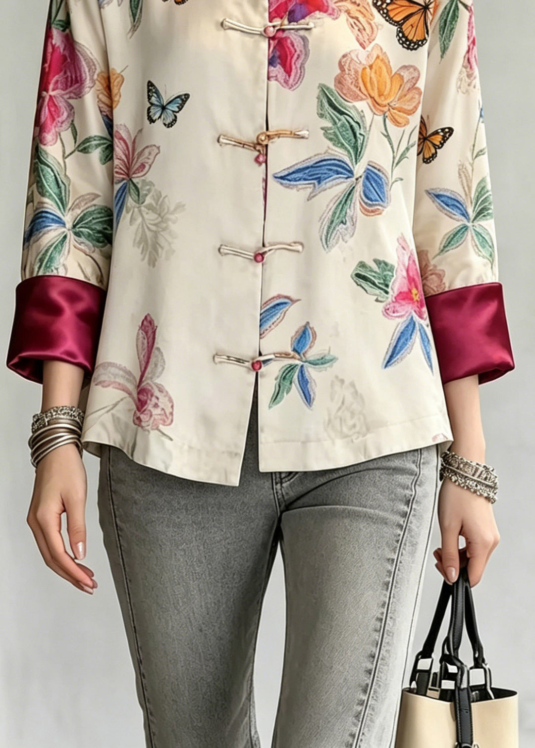 Vintage Beige Stand Collar Button Shirts Fall