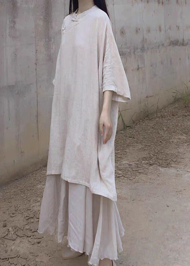 Vintage Beige Stand Collar Oriental Button Linen Long Dress Bracelet Sleeve