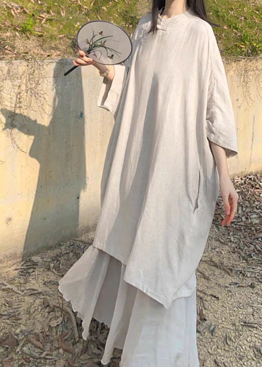 Vintage Beige Stand Collar Oriental Button Linen Long Dress Bracelet Sleeve