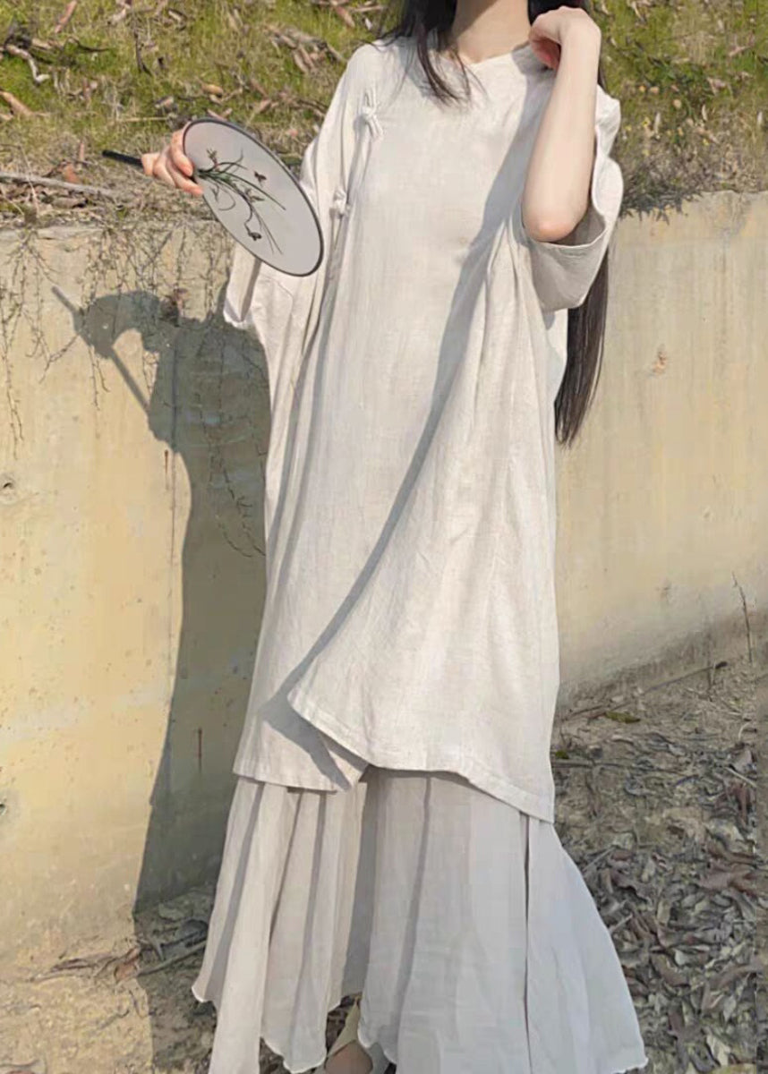 Vintage Beige Stand Collar Oriental Button Linen Long Dress Bracelet Sleeve