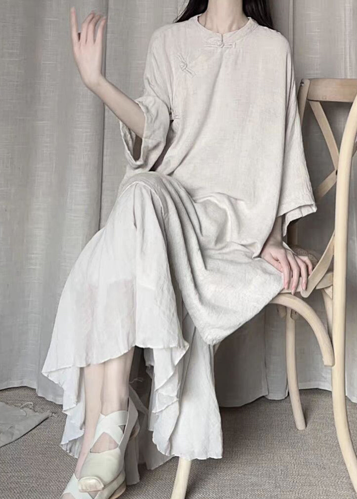 Vintage Beige Stand Collar Oriental Button Linen Long Dress Bracelet Sleeve