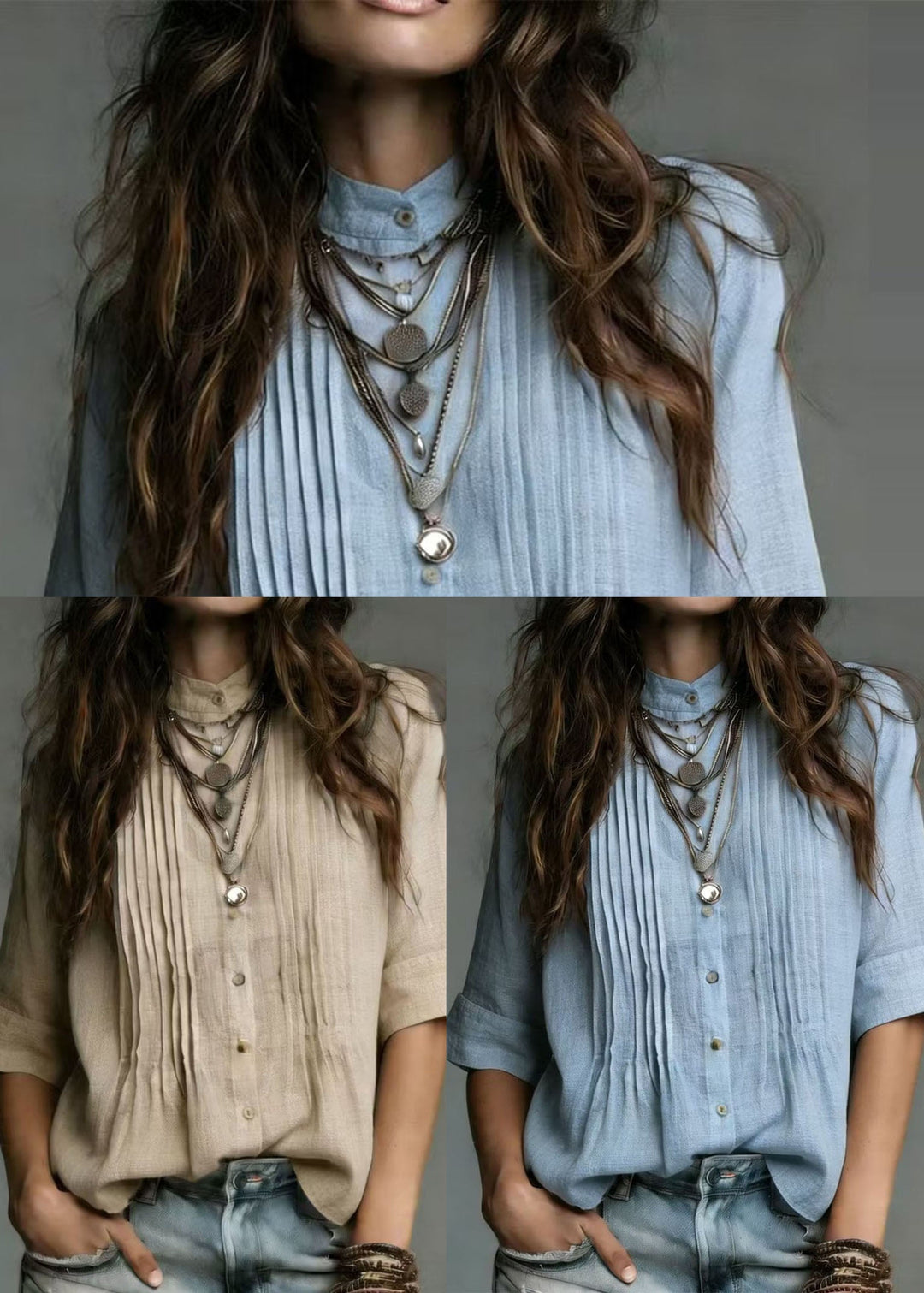 Vintage Beige Stand Collar Wrinkled Linen Shirt Tops Half Sleeve