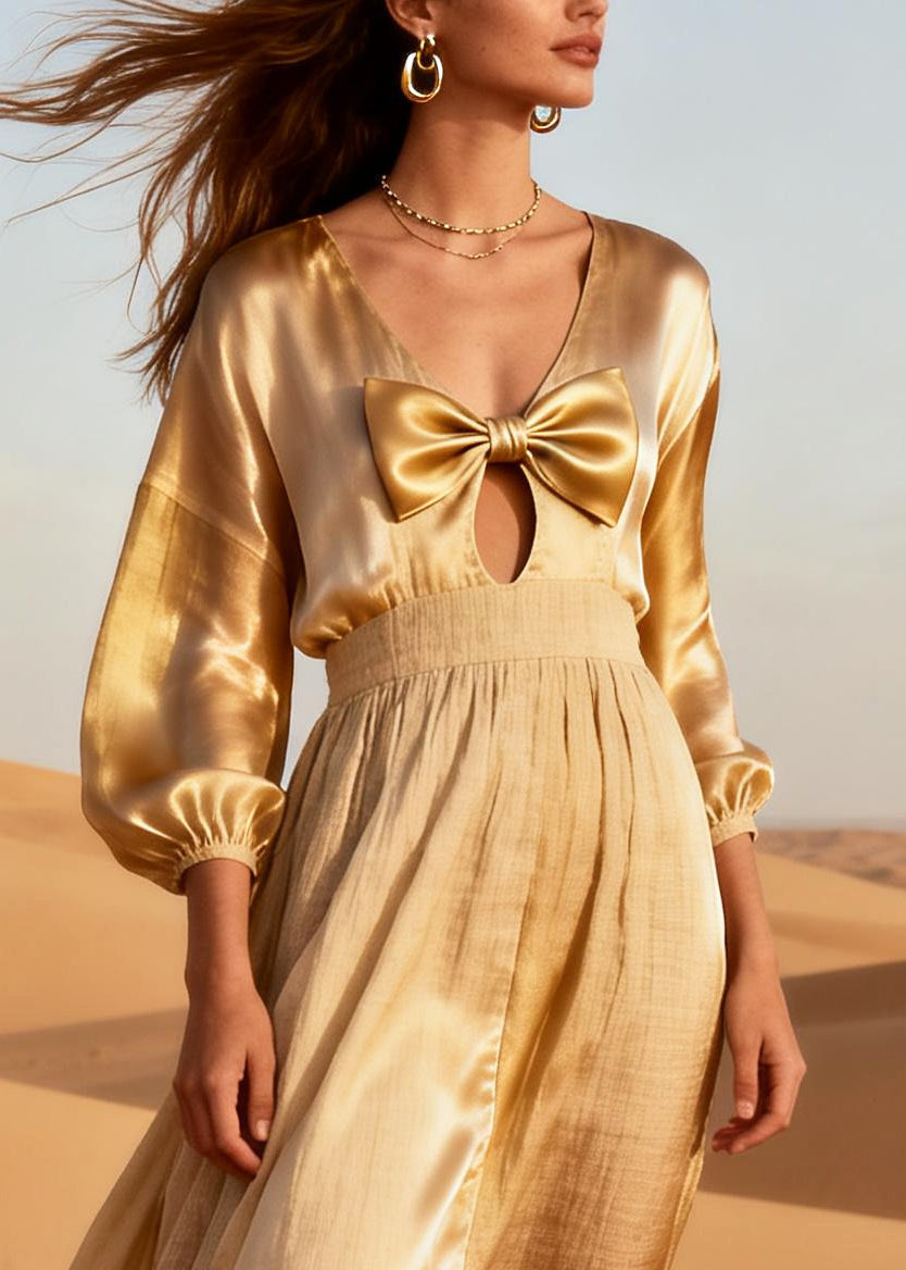 Vintage Beige V Neck Bow Linen Silk Party Dress Summer