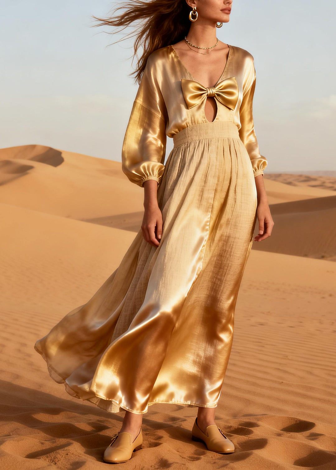 Vintage Beige V Neck Bow Linen Silk Party Dress Summer