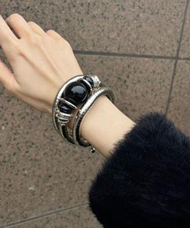 Vintage Black Alloy Agate Elastic Bangle