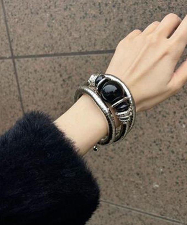 Vintage Black Alloy Agate Elastic Bangle
