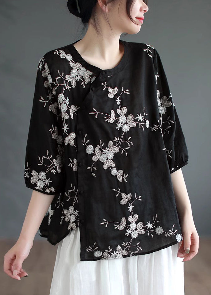 Vintage Black Asymmetrical Button Patchwork Linen Shirt