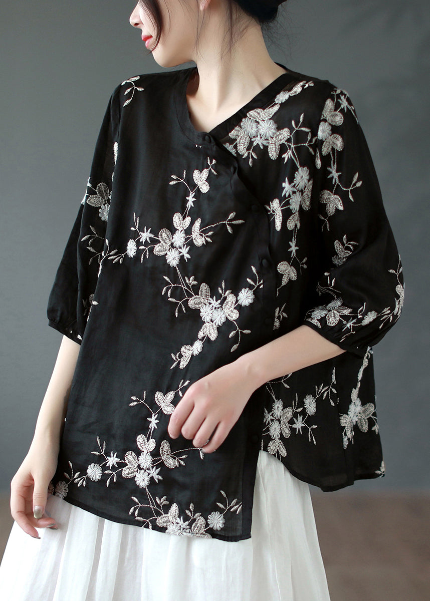 Vintage Black Asymmetrical Button Patchwork Linen Shirt
