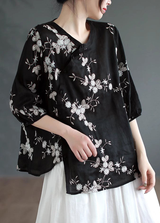 Vintage Black Asymmetrical Button Patchwork Linen Shirt
