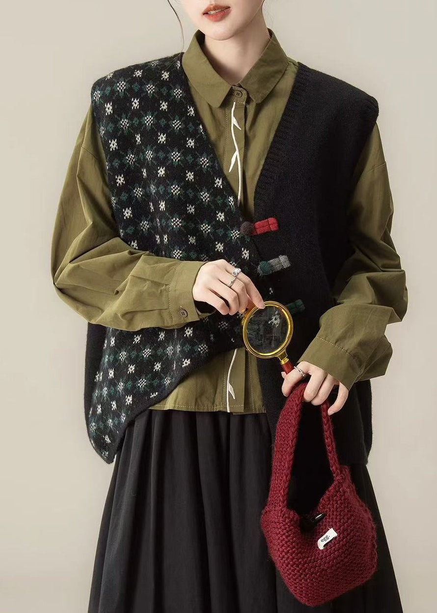 Vintage Black Asymmetrical Chinese Button Knit Vests Winter