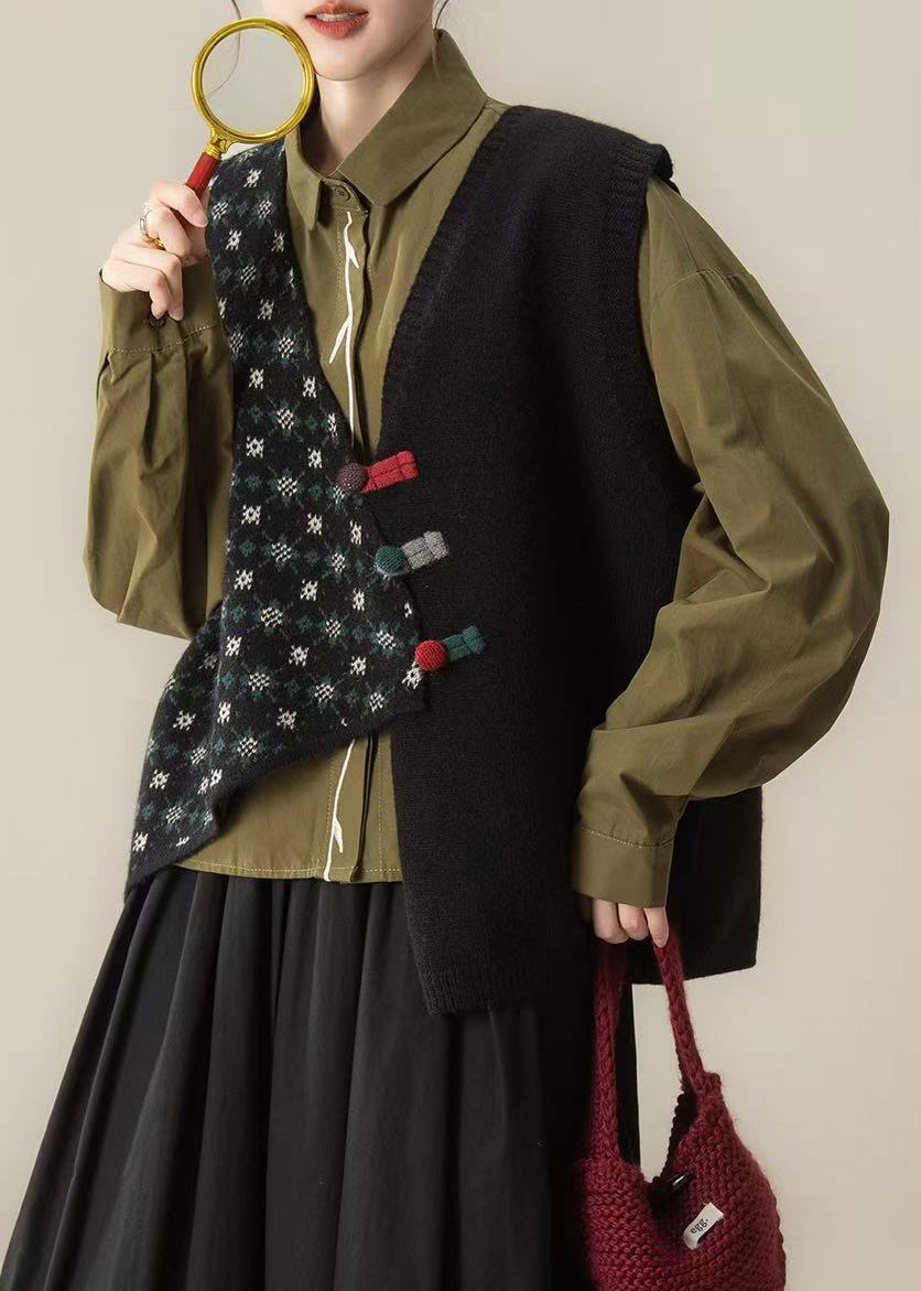 Vintage Black Asymmetrical Chinese Button Knit Vests Winter