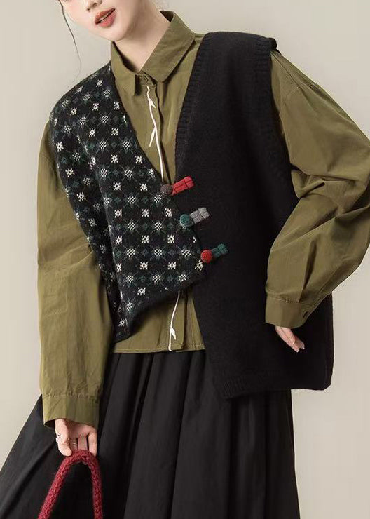 Vintage Black Asymmetrical Chinese Button Knit Vests Winter