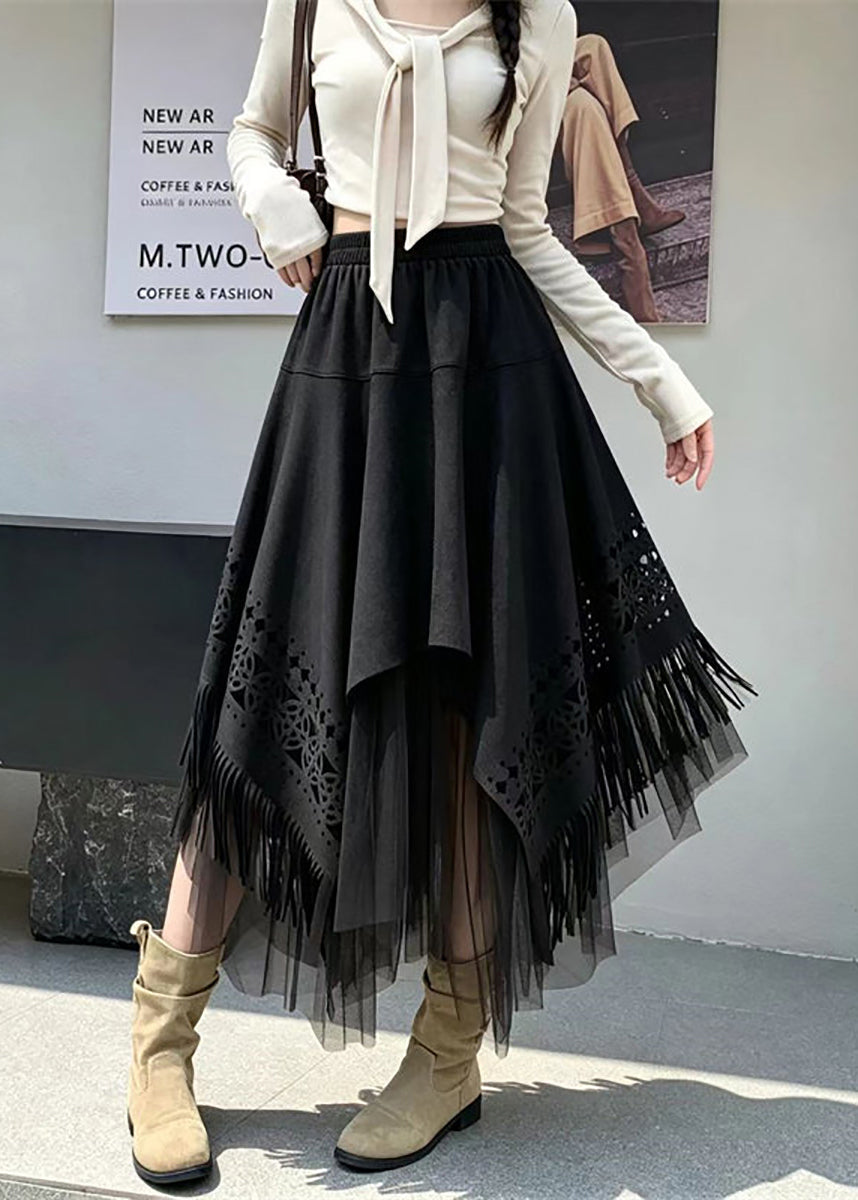 Vintage Black Asymmetrical Tassel Hollow Out Patchwork Faux Suede Skirts Fall