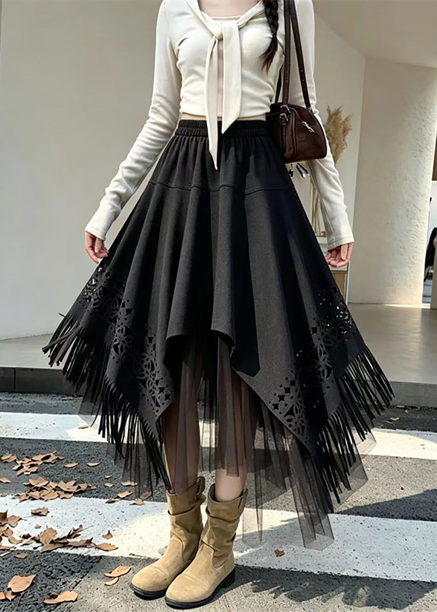 Vintage Black Asymmetrical Tassel Hollow Out Patchwork Faux Suede Skirts Fall