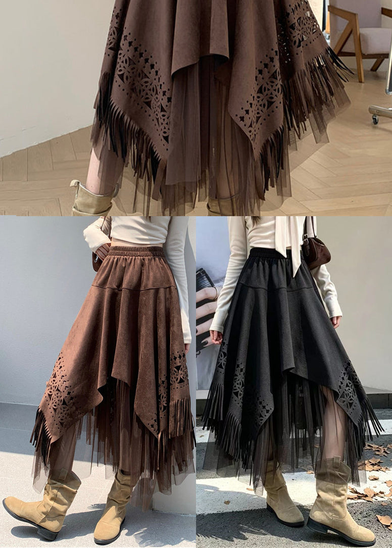 Vintage Black Asymmetrical Tassel Hollow Out Patchwork Faux Suede Skirts Fall