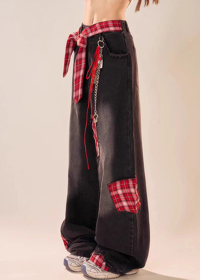 Vintage Black Bow Plaid Patchwork Denim Wide Leg Pants Summer