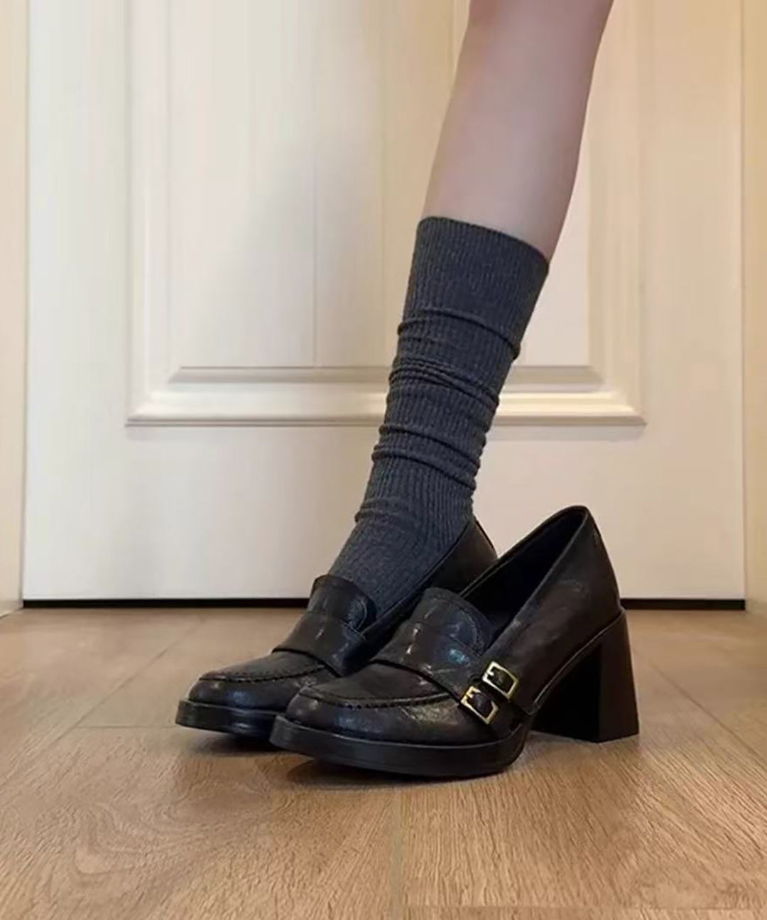 Vintage Black Buckle Strap Faux Leather Chunky Heel Loafers
