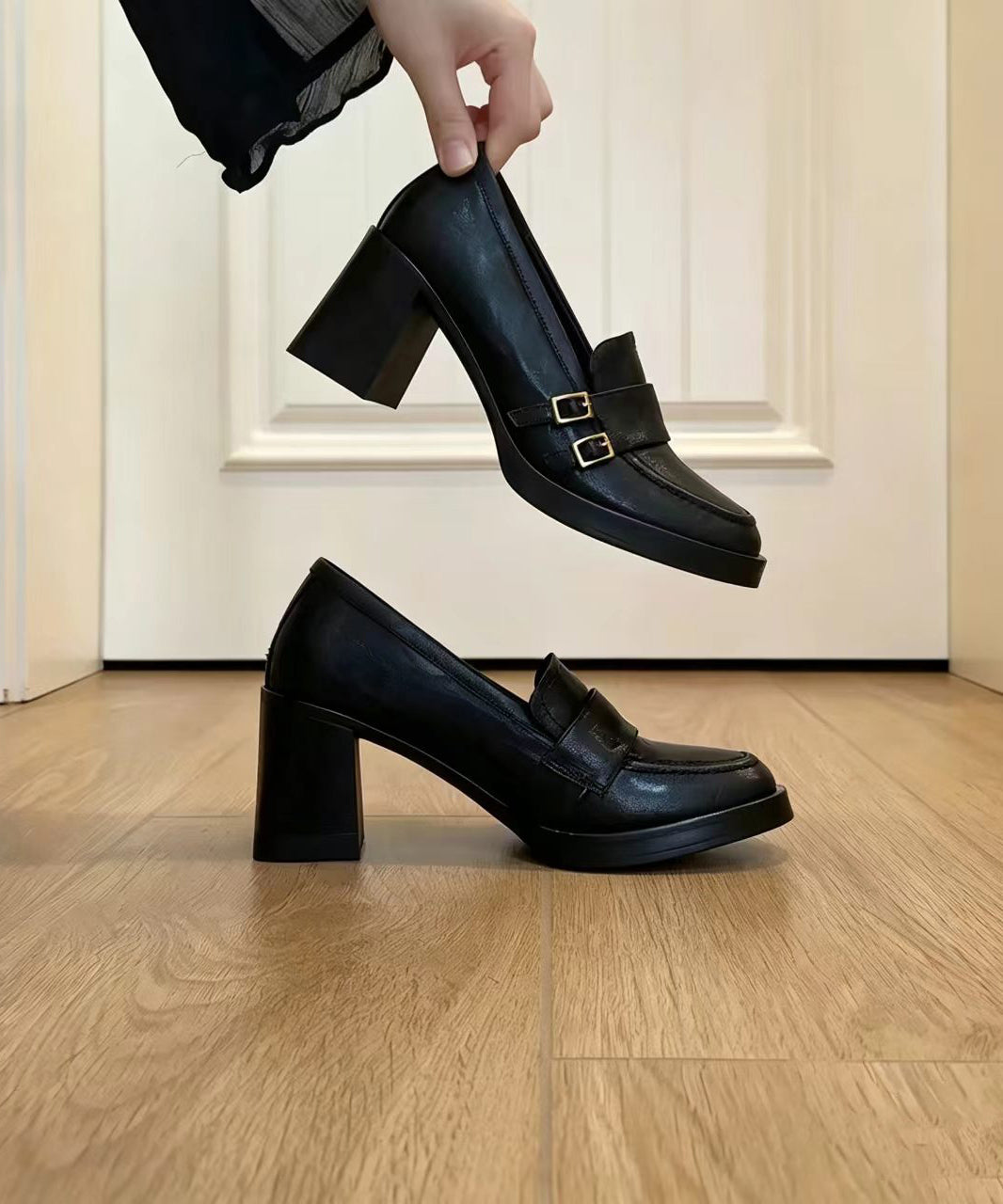 Vintage Black Buckle Strap Faux Leather Chunky Heel Loafers