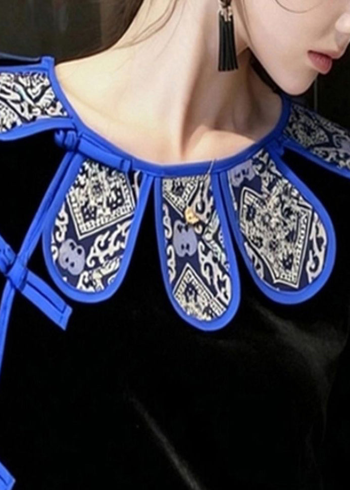 Vintage Black Chinese Button Silk Velour Oriental Shirts Spring