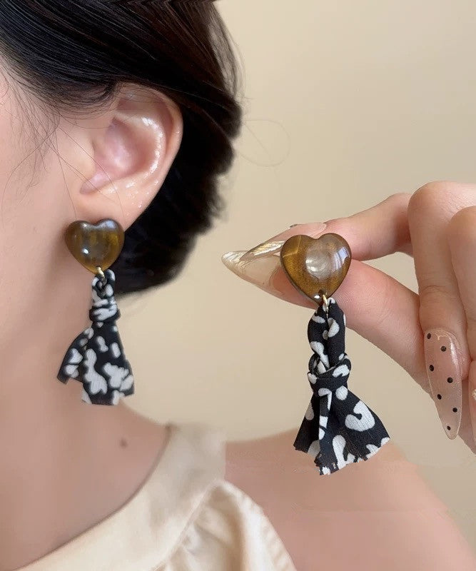 Vintage Black Copper Fabric Resin Love Print Drop Earrings