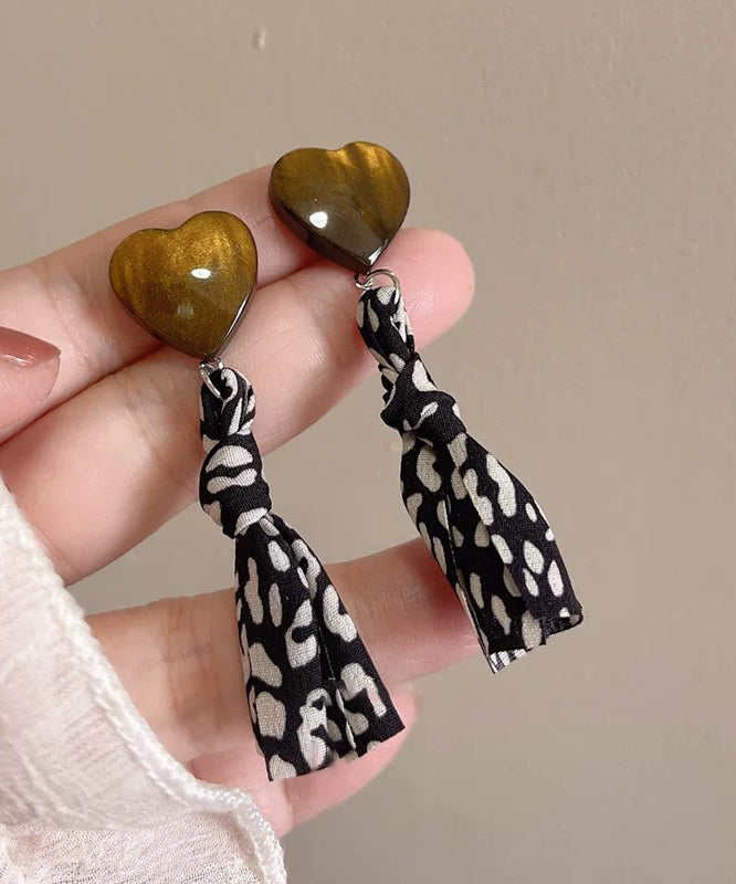 Vintage Black Copper Fabric Resin Love Print Drop Earrings