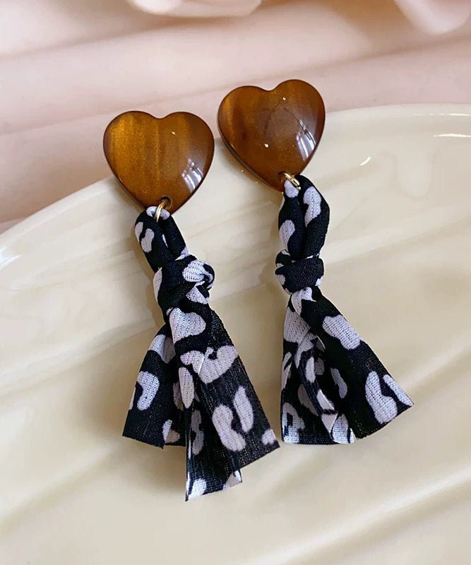 Vintage Black Copper Fabric Resin Love Print Drop Earrings