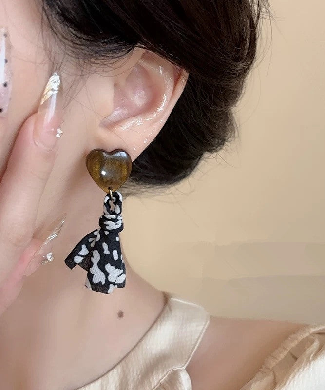 Vintage Black Copper Fabric Resin Love Print Drop Earrings