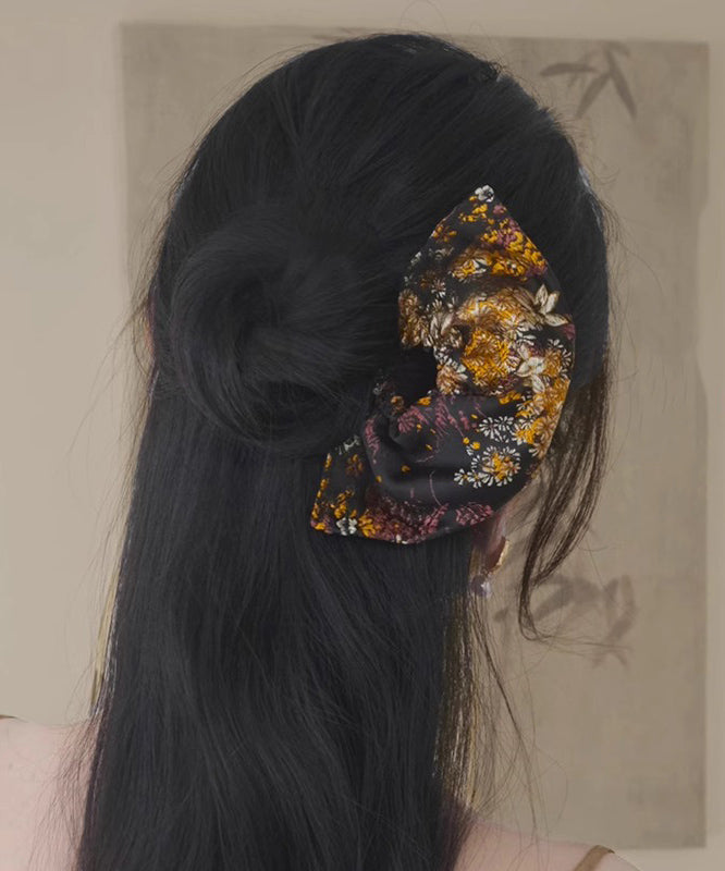 Vintage Black Copper Tiger Eye Stone Embroidery Fan-Shaped Hairpin
