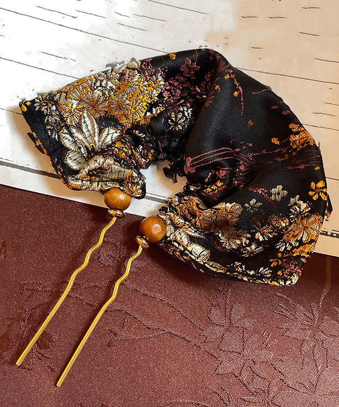 Vintage Black Copper Tiger Eye Stone Embroidery Fan-Shaped Hairpin