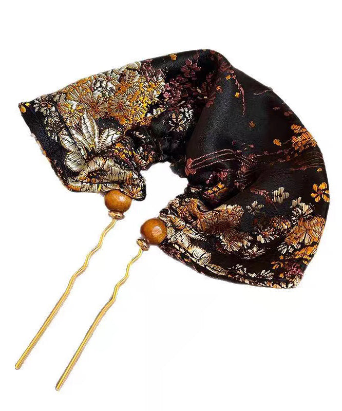 Vintage Black Copper Tiger Eye Stone Embroidery Fan-Shaped Hairpin