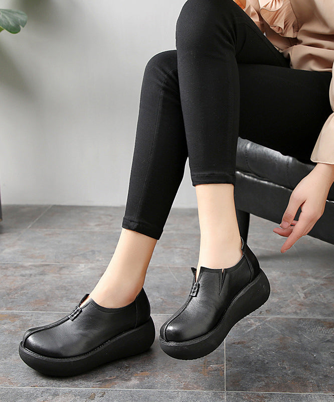 Vintage Black Cowhide Leather Flat Feet Shoes Platform Platform Flat Shoes - Omychic