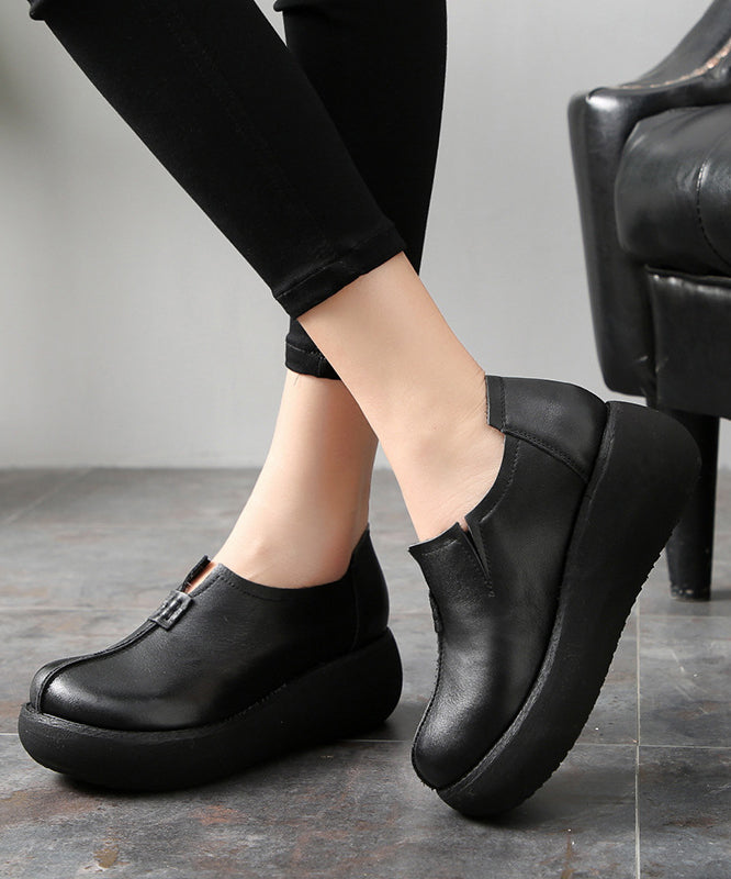 Vintage Black Cowhide Leather Flat Feet Shoes Platform Platform Flat Shoes - Omychic