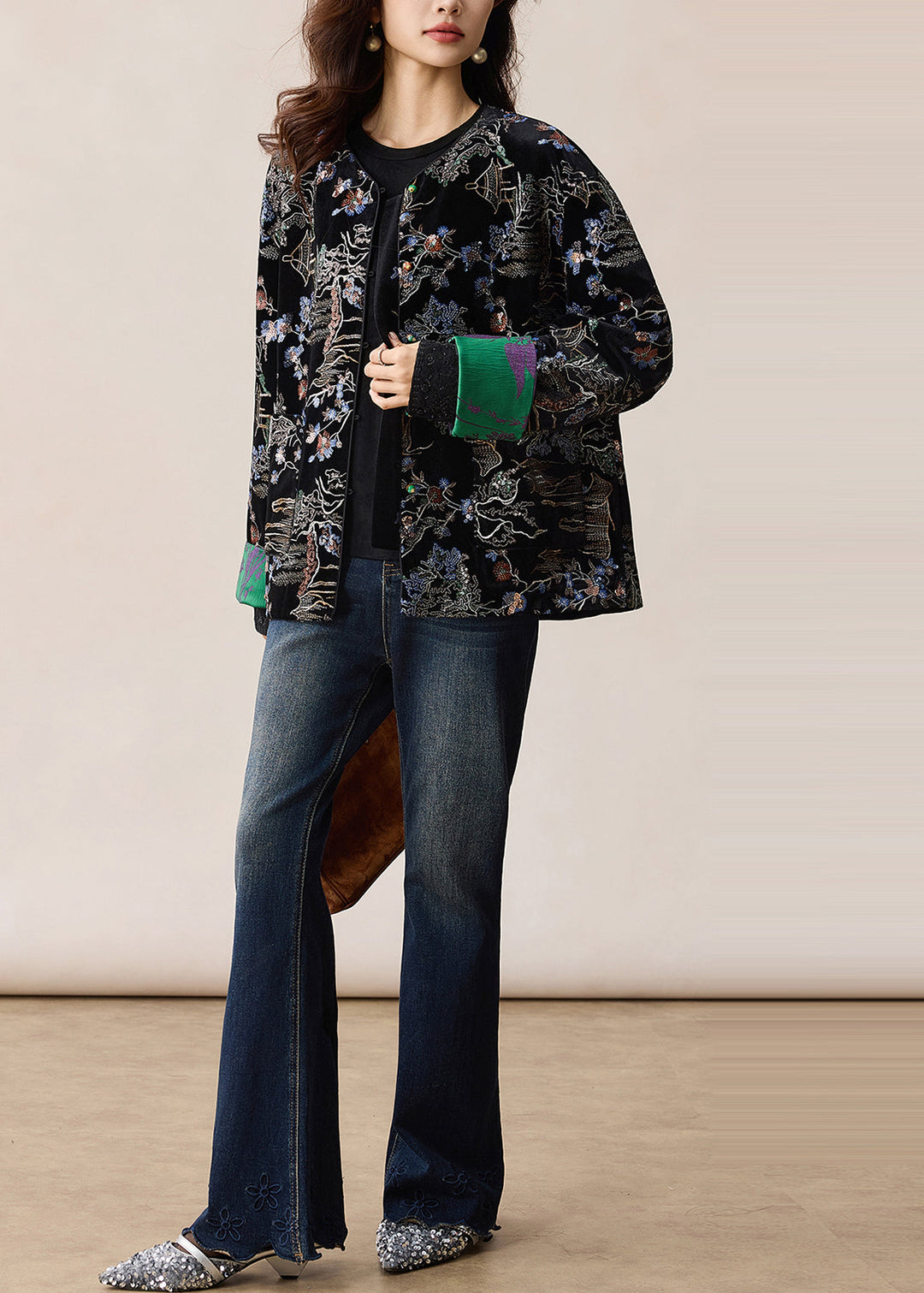 Vintage Black Embroidered Sequins Silk Velvet Coats Winter