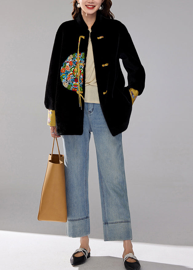 Vintage Black Embroidered Tasseled Faux Mink Velvet Coats Winter