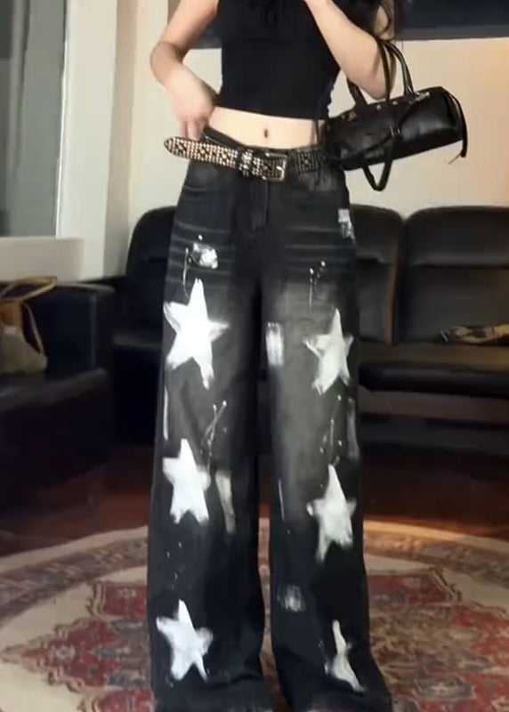 Vintage Black Five Pointed Star High Waist Denim Wide Leg Pants Fall