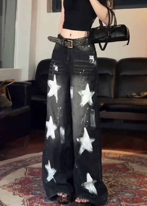 Vintage Black Five Pointed Star High Waist Denim Wide Leg Pants Fall