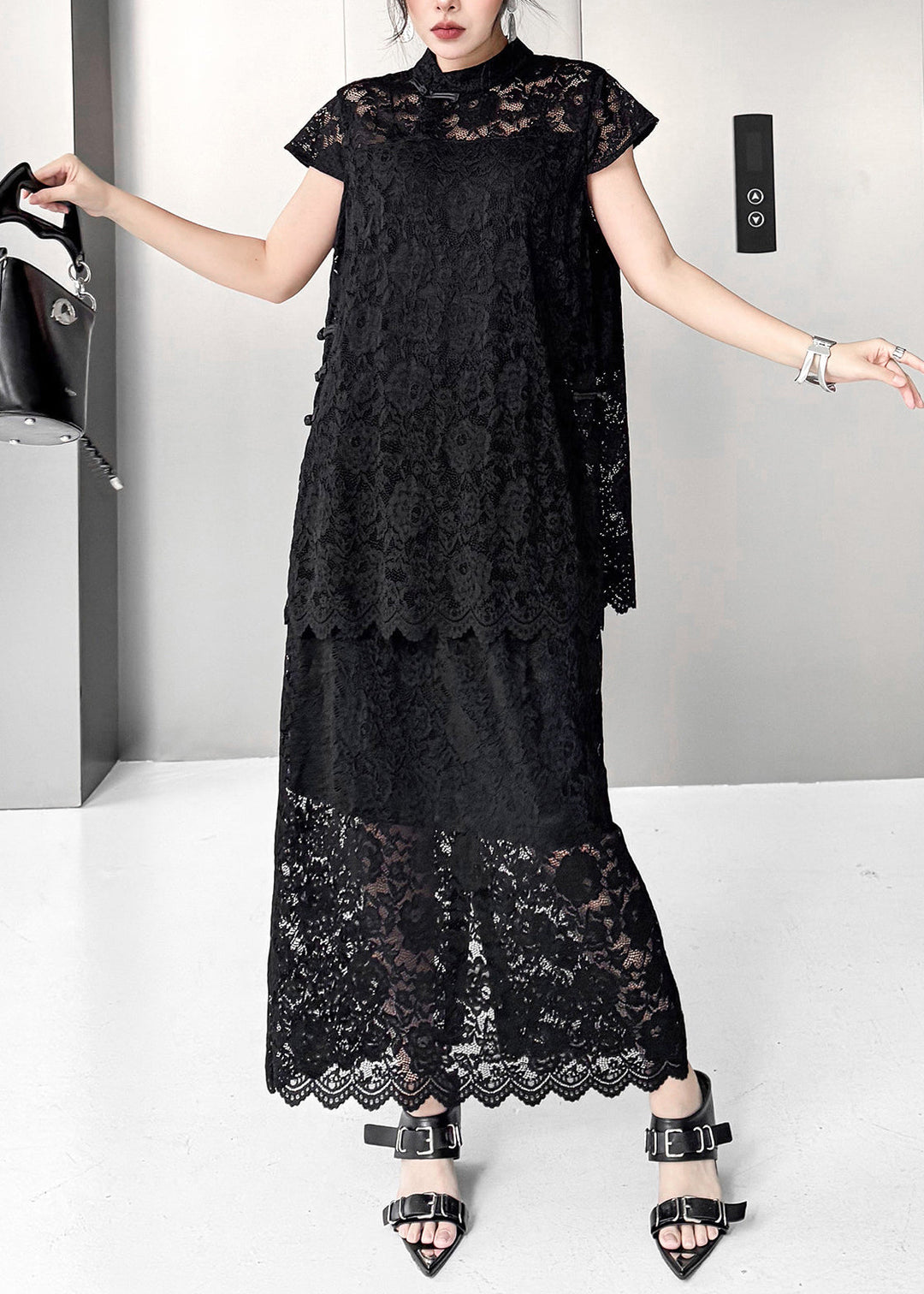 Vintage Black Hollow Out Chinese Button Lace Two Pieces Set Summer