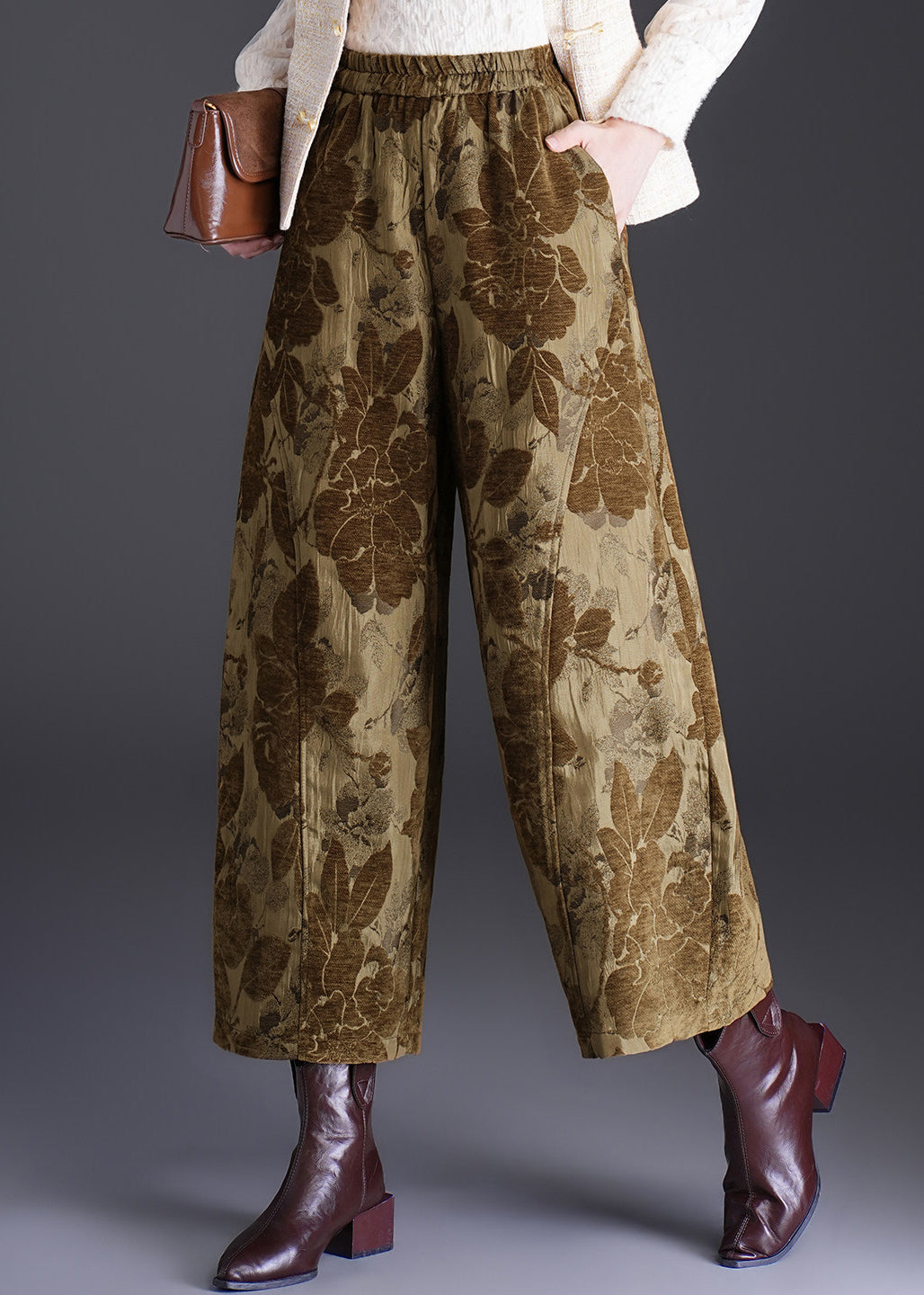 Vintage Black Jacquard Pockets High Waist Wide Leg Crop Pants Fall